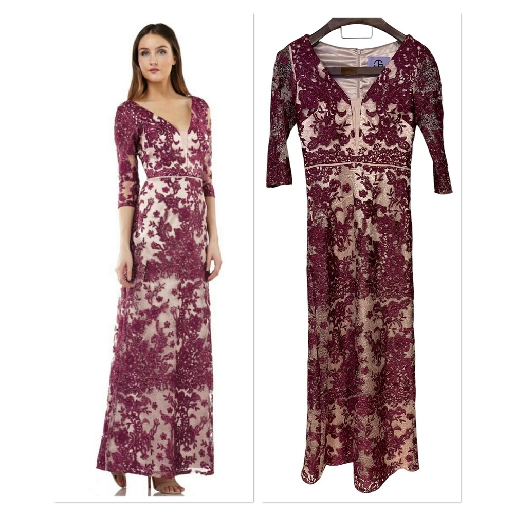 JS Collections Soutache Berry Embroidered Lace Gown Formal Maxi Dress Wedding 2‎